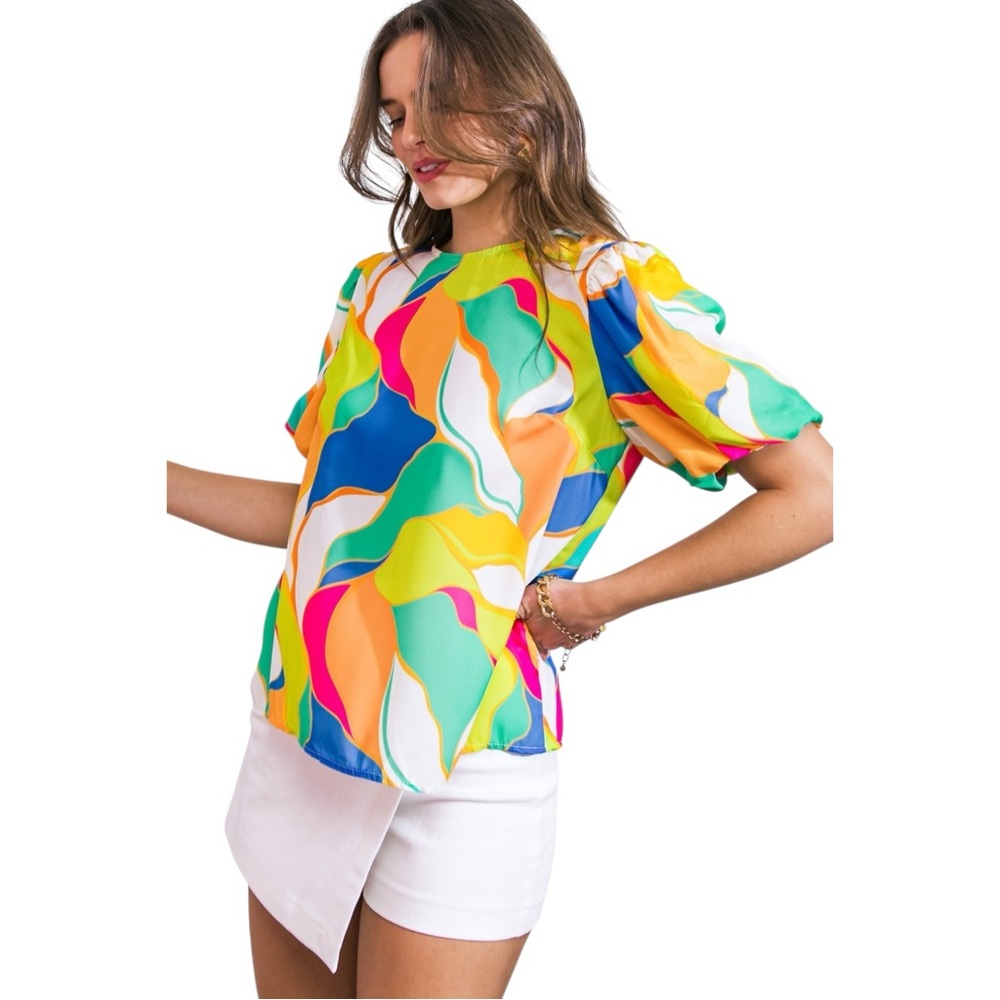 Flying Tomato Coastal Vibes Woven Top Blouse Abstract Geometric Print